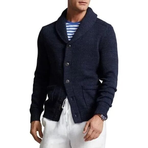 Polo Ralph Lauren Button Cardigan M Medium Blue Shawl Collar Cotton Knit Marled - Picture 2 of 10